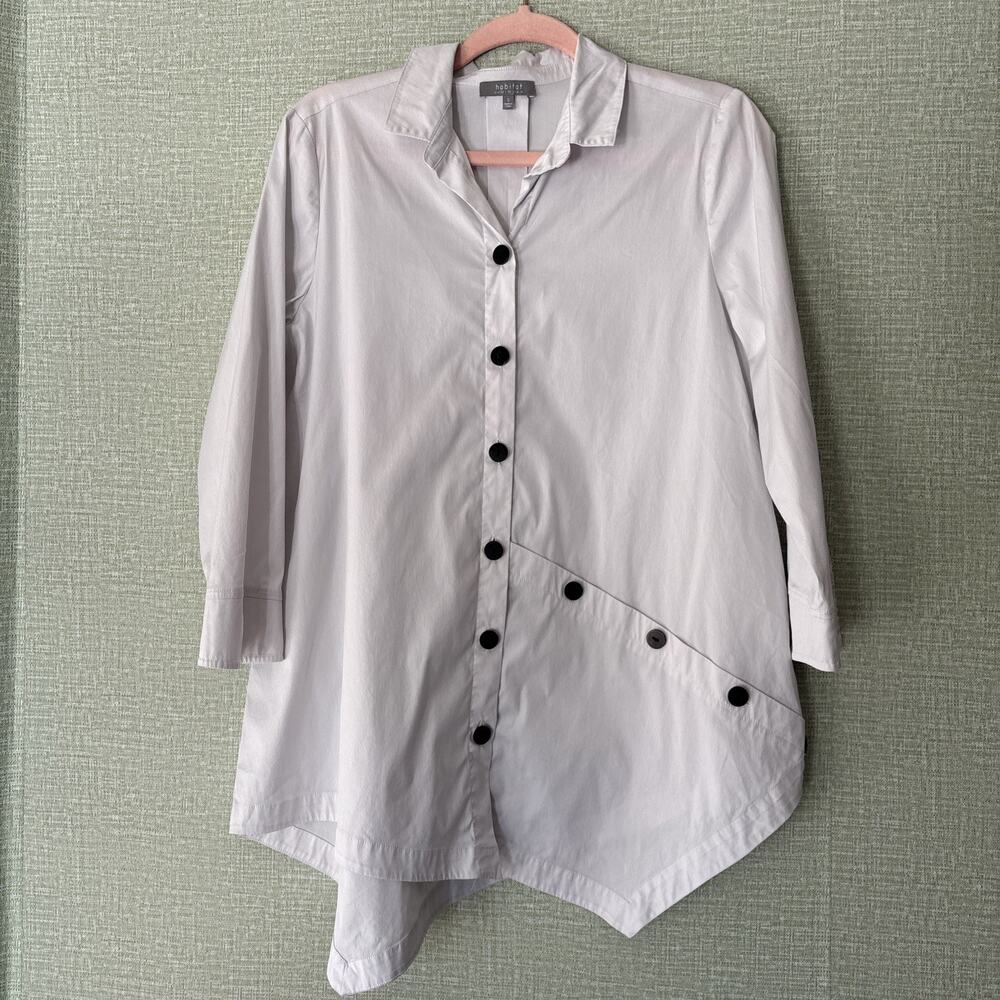 HABITAT Bright White Crisp Lagenlook Buttoned Tunic Shirt Sz S Asymmetric Hem